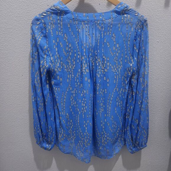 Lilly Pulitzer Womens Tunic Colby Silk Clip Metallic Gold sheer Blouse Blue XXS - Picture 3 of 8